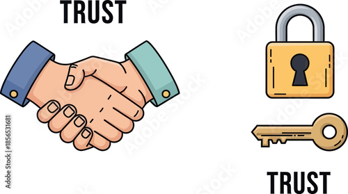 Trust and Security Icon Set: Handshake for Partnership, Padlock and Key for Safety.