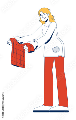 Poor woman holding out worn shirt 2D cartoon character. Needy slouched female dressed in patched clothes with clothing donation flat vector person isolated on white. Spot illustration colorful