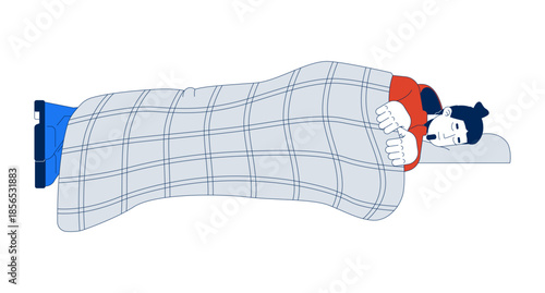 Tired man sleeping in jacket and shoes under checkered blanket 2D cartoon character. Shelter need. Homeless refugee caucasian male flat vector person isolated on white. Spot illustration colorful