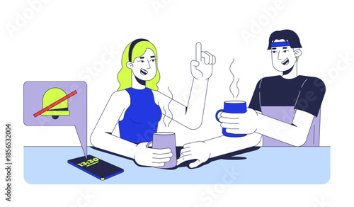 Offline communication 2D vector illustration. Digital detox. Social bonding. Friends talking over hot drinks at table while muted phone flat characters isolated on white. Colorful cartoon image