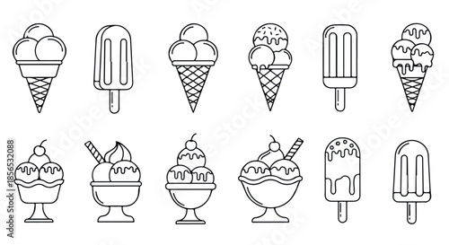 Variety of Delicious Frozen Treats, Including Ice Cream Cones, Sundaes, and Popsicles, in Elegant Black and White Line Art Illustrations