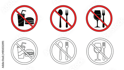 Collection of prohibition icons for eating, drinking, and cutlery use