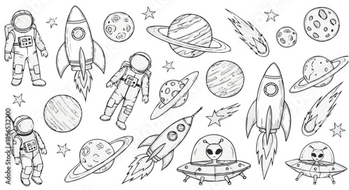 Monochrome Doodle Style Vector Sketch Collection of Space Exploration Elements Including Astronauts, Rockets, Planets, and Ufos