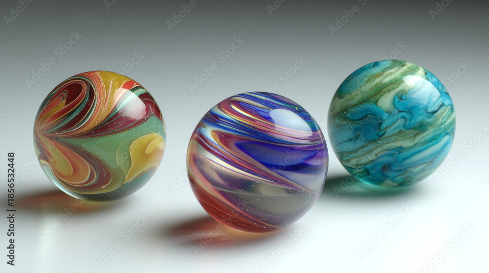 Obraz premium Set of three colorful glass marbles with swirling patterns and textured surfaces