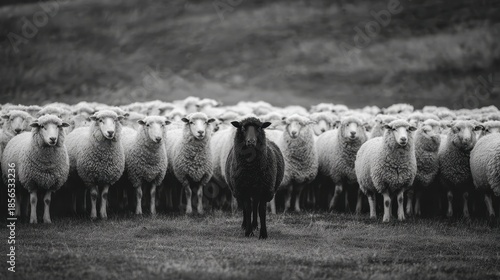 A single black sheep standing among a large flock of white sheep in an open grassy field, symbolizing uniqueness and individuality. 