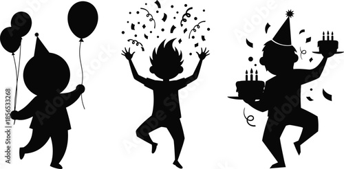 Celebration silhouettes with party hats, balloons, cake, confetti, joyful dancing and jumping poses, perfect for birthday, festive, event vector illustration