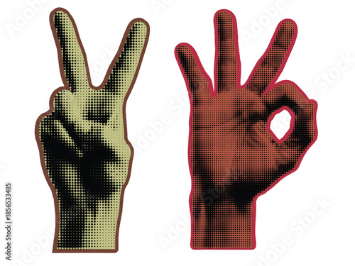 Peace and approval hands in pop art style with halftone effect