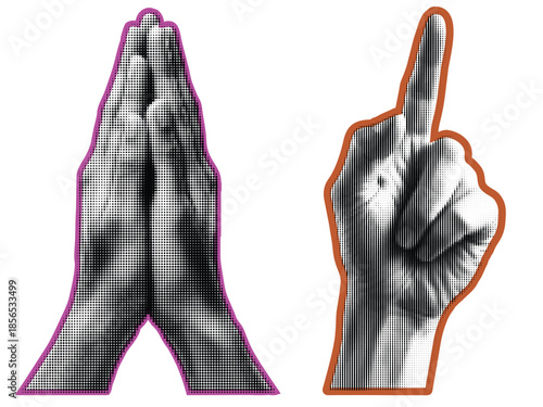 Hands in prayer and pointing gestures in halftone effect