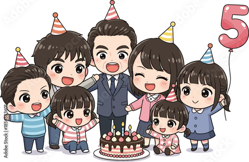 Family birthday celebration with cake, party hats, balloons, smiling adults and children, fifth birthday moment, perfect for festive vector illustration, togetherness theme