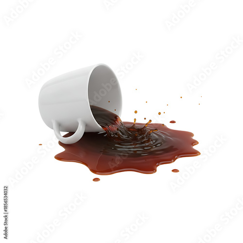 Spilled Coffee: The image captures a moment of everyday chaos as rich, dark coffee spills out of an overturned white ceramic mug, creating a visual metaphor for unexpected disruptions.