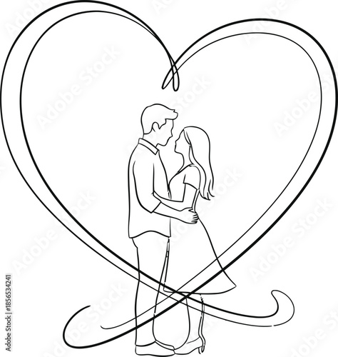 Minimalist continuous line art drawing depicting a loving couple embracing intimately inside the elegant outline of a large flowing heart symbol