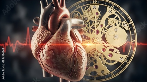 Anatomical Human Heart and Mechanical Clockwork Time Metaphor
