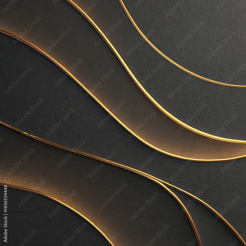 Naklejka premium Luxurious abstract pattern of glowing gold lines on deep charcoal backdrop, forming minimal curved geometry.