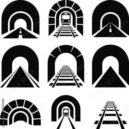 Tunnel icon collection for road and railway, vector graphic set depicting underground passageways, transportation and infrastructure symbols