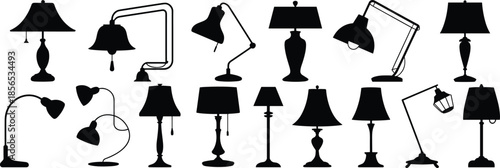Lamp silhouette collection, table and floor lamps, modern and vintage styles, black vector icons, interior lighting, home decor, design elements