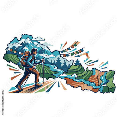 Nepal Map Illustration with Hiker, Himalayan Mountains, Everest Peaks, Prayer Flags, and Terraced Fields. Vector Travel Concept for Trekking, Tourism, and Nepalese Culture