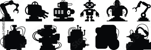 Robot silhouette collection, humanoid robots, robotic arms, industrial machines, mechanical design, black vector icons, automation, technology, engineering, futuristic concept, AI elements