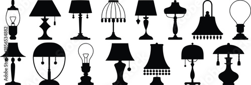 Table lamp silhouette collection, black vector icons, various designs, vintage and modern styles, interior decor, lighting elements, home accessory, decorative set