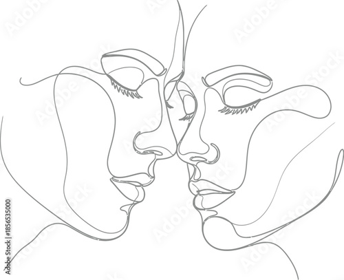 Minimalist continuous line art drawing depicting two faces nearly touching in a moment of serene and intimate connection, perfect for modern decor.