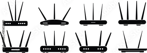 Wireless router silhouette collection, multiple antennas, black vector icons, internet device, network equipment, home WiFi, tech design, connectivity, signal gear