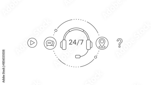 24/7 Customer Service Support Icon Set, Online Help Center and Technical Support Concept, Minimalist Line Art Vector