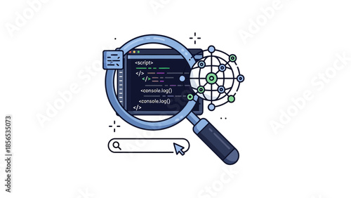 Website Audit and Programming Code Analysis Illustration, SEO Search Engine Optimization and Digital Data Development Concept