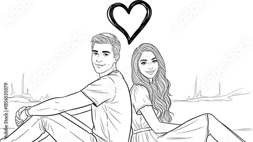 Sketch drawing illustration of a happy young romantic couple sitting back to back with a large outlined heart floating above their heads symbolizing true love and affection