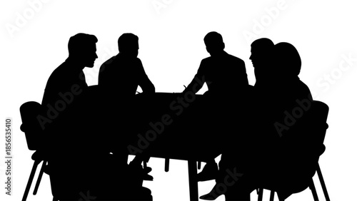 A group of business professionals in silhouette gathered around a table for a collaborative meeting