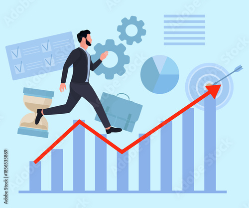 Businessman running on rising graphic finance charts business elements blue background office wear