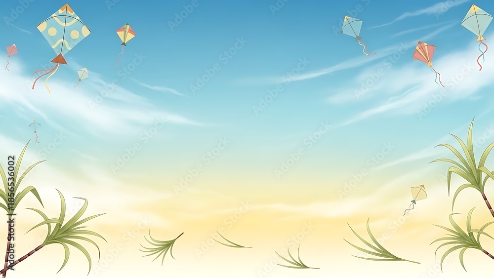 Obraz premium Serene beach scene with kites flying high in the sky surrounded by palm trees