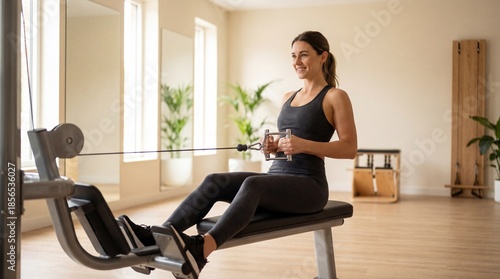 Young woman sitting on a workout bench in a well-lit fitness studio with mirrors and plants, wearing a black sports outfit.