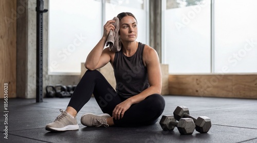 Young woman sitting on gym floor with dumbbells, wiping sweat with a towel, wearing workout attire, with a pile of dumbbells beside her, in a modern gym with large windows.