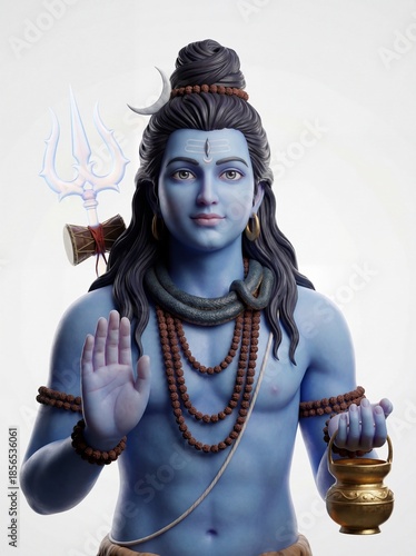 Statue of a blue-skinned Hindu deity with long hair, adorned with beads and holding a pot, with a trident behind, against a plain background.