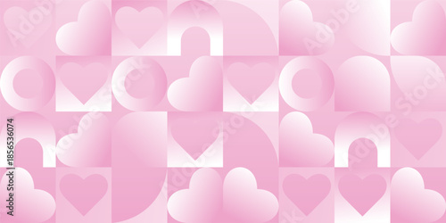 Seamless Pattern with pink gradient hearts in Swiss style. Geometric Monochrome Background with abstract Shapes for Valentine's Day, wedding print. Vector illustration