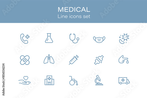 Set of Medicine and Healthcare web icons in line style. Medicine and Health Care, aid, RX. Collection of medical linear pictograms. Clinic building, blood test, emergency.
