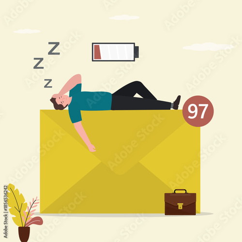 Tired man lying and sleeping on giant envelope. Businessman distressed with numerous notifications and emails on gadgets. Exhausted guy frustrated with workload.