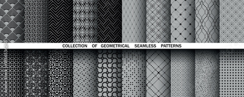 Geometric set of seamless black and gray patterns. Simple vector graphics