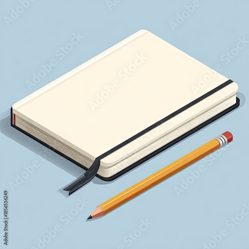 Notebook and pencil illustration on light blue background for design