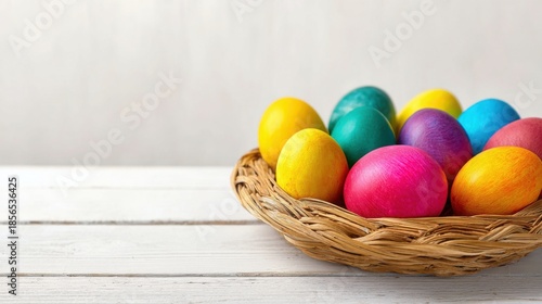 Colorfully painted Easter eggs neatly arranged in a woven basket on a clean white background