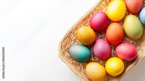 Colorfully painted Easter eggs neatly arranged in a woven basket on a clean white background