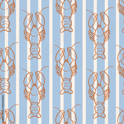 Seamless pattern with hand-drawn lobsters on a striped background. Hand drawn vector illustration for wrapping paper, textile, fabric.