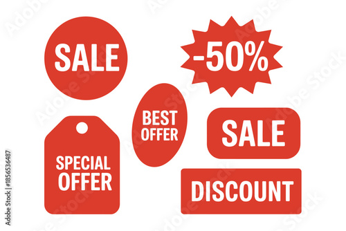 Red sale and discount sticker set, promotional label vector collection, retail marketing price tags, special offer and best deal graphics