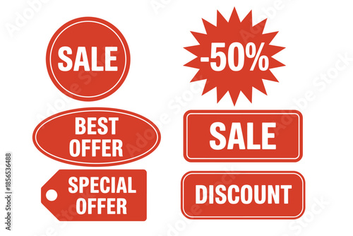 Set of red sale stickers and promotional labels, discount price tags for retail marketing, special and best offer vector graphic elements collection, isolated design