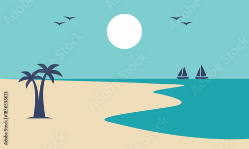 A serene vector landscape of a tropical beach featuring tall palm trees, a minimalist boat resting near the shore, a glowing moon in the night sky, and birds flying gracefully above. The clean line st