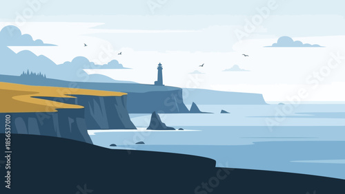 Serene coastal landscape with a distant lighthouse guiding ships on a calm sea