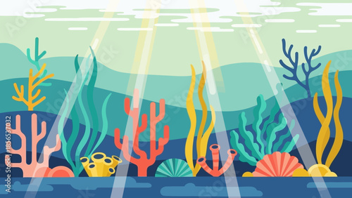 Underwater ocean scene with vibrant coral reefs, seaweed, and light rays filtering through the water