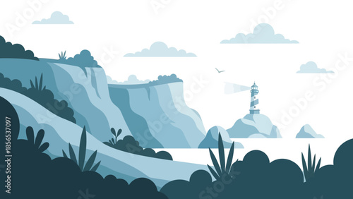 Serene Coastal Landscape with a Distant Lighthouse and Misty Cliffs under a Cloudy Sky