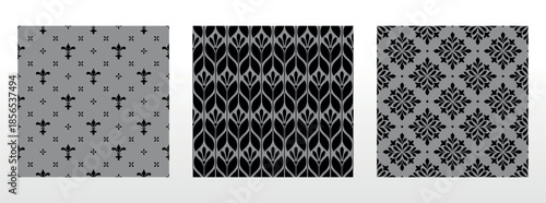 Geometric floral set of seamless patterns. Gray and black vector backgrounds. Damask graphic ornaments