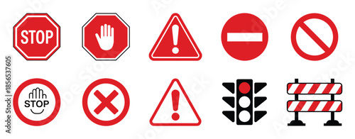 Set of red warning and prohibition signs, including stop, hand, danger, no entry, traffic light, and barrier icons, flat vector style for safety, traffic