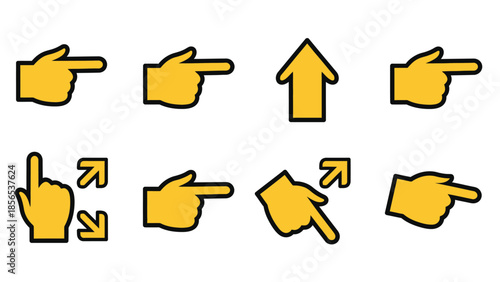 A set of yellow hand cursor icons pointing in different directions on a white background.